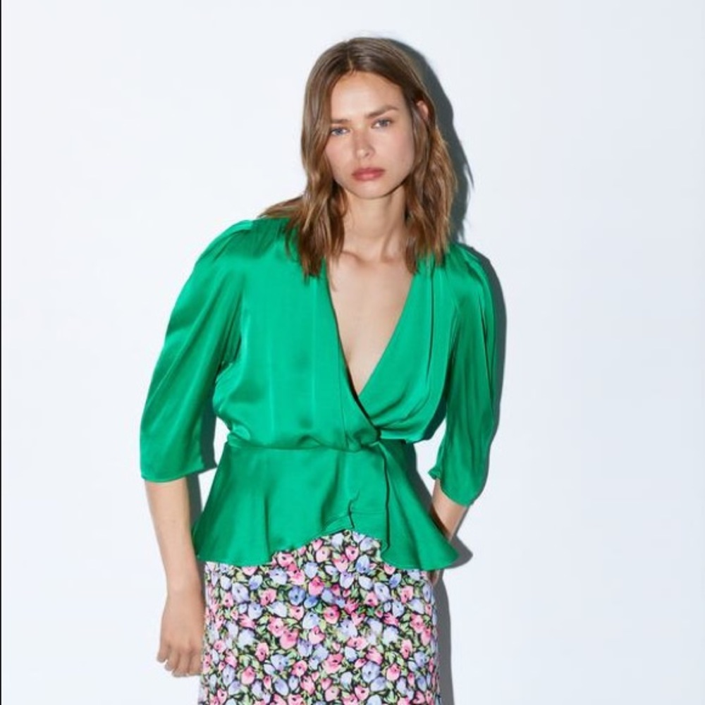 Zara Emerald Green Satin Wrap Blouse